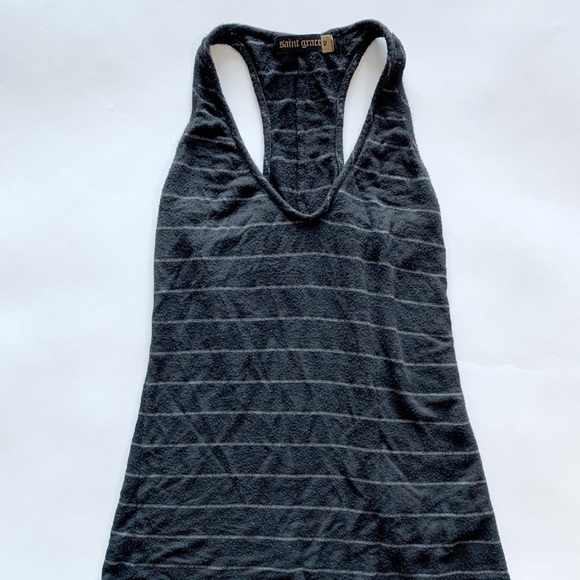 Gray / Grey over Striped Soft Racer Back Black Tank Top Women’s SZ Medium Petite - Picture 1 of 3